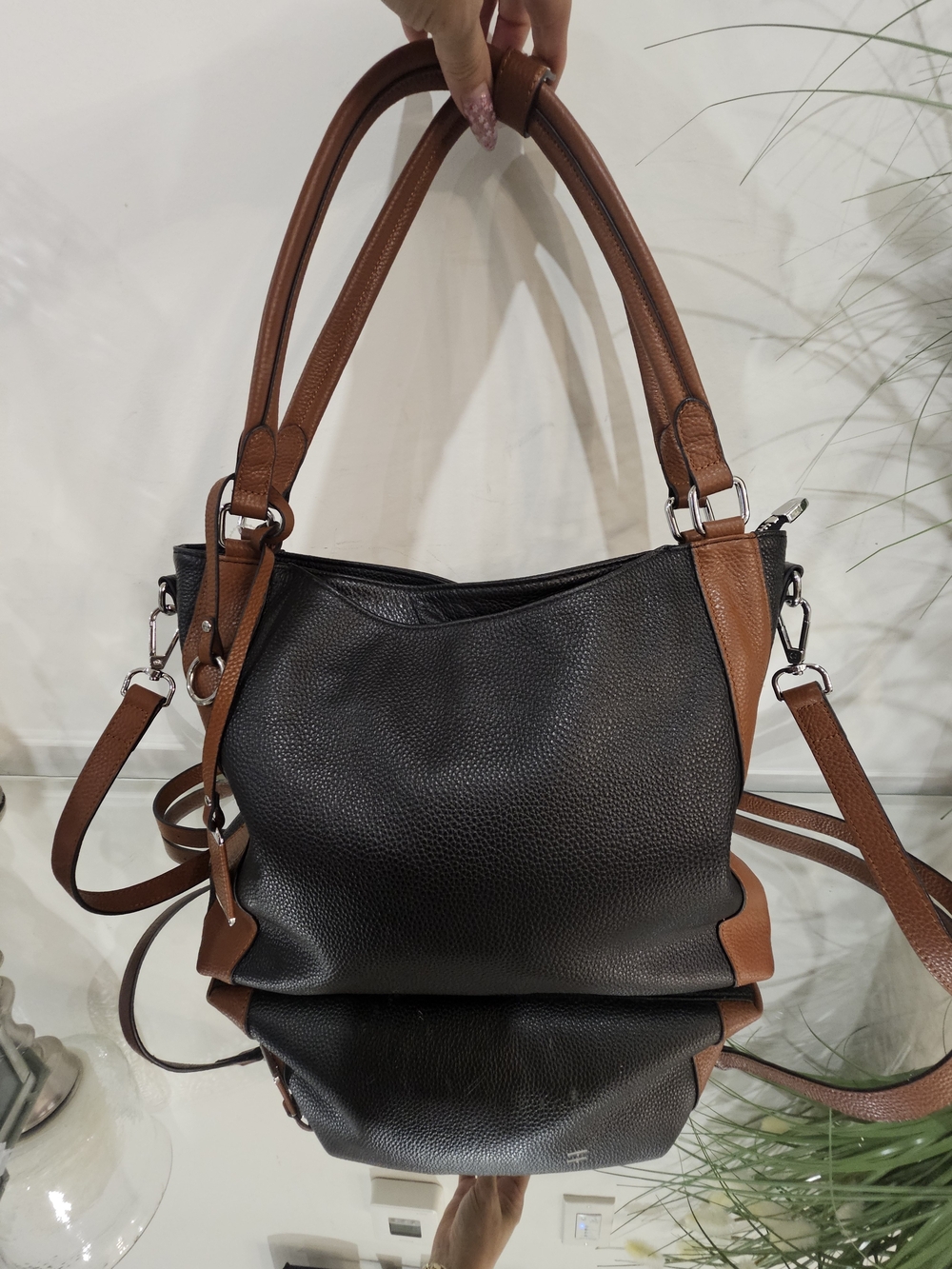 Over Earth Genuine Pebbled Leather Two-Tone Black and Brown Shoulder Bag
